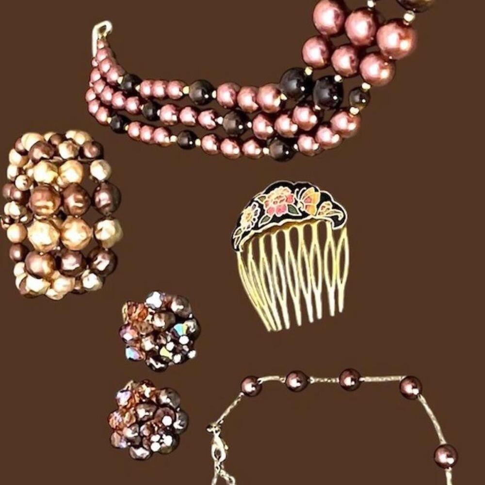 VTG 50s MCM Japan Triple Strand 16L Beaded Necklace Matching Bracelet +Earrings